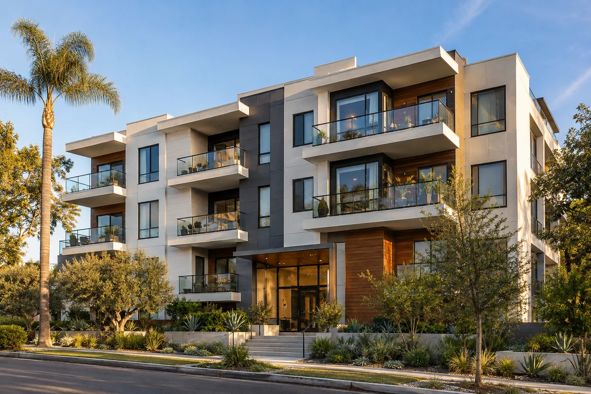 Illustrative photograph of a California apartment building